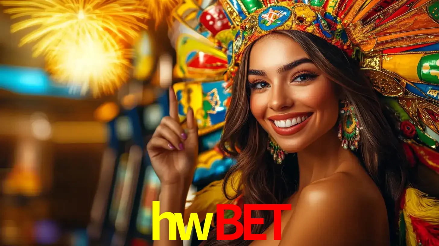 Mulher sorridente com um cocar de carnaval vibrante e colorido, celebrando uma grande vitória nos jogos do cassino hwbet com fogos de artifício ao fundo.