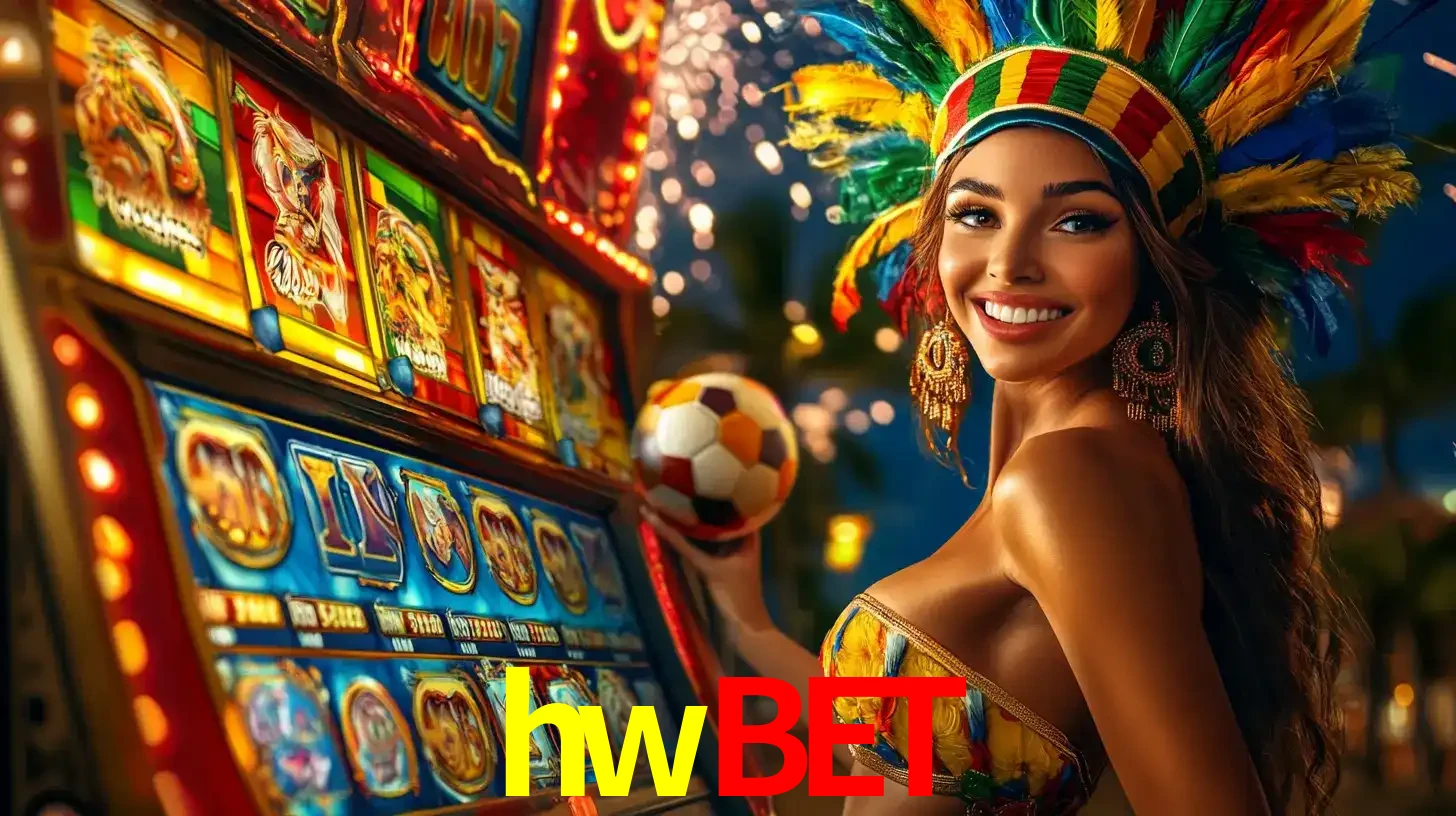 Mulher com um cocar de carnaval ao lado de uma máquina de caça-níqueis enquanto segura uma bola de futebol, mostrando a união da diversão de cassino e esportes no hwbet.