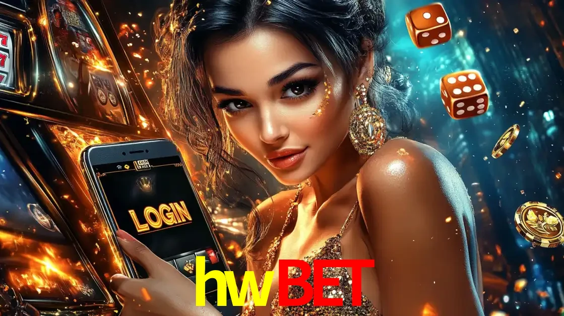 Mulher glamourosa segurando um celular com a tela de login do cassino hwbet, rodeada por dados e moedas douradas, pronta para começar a diversão.