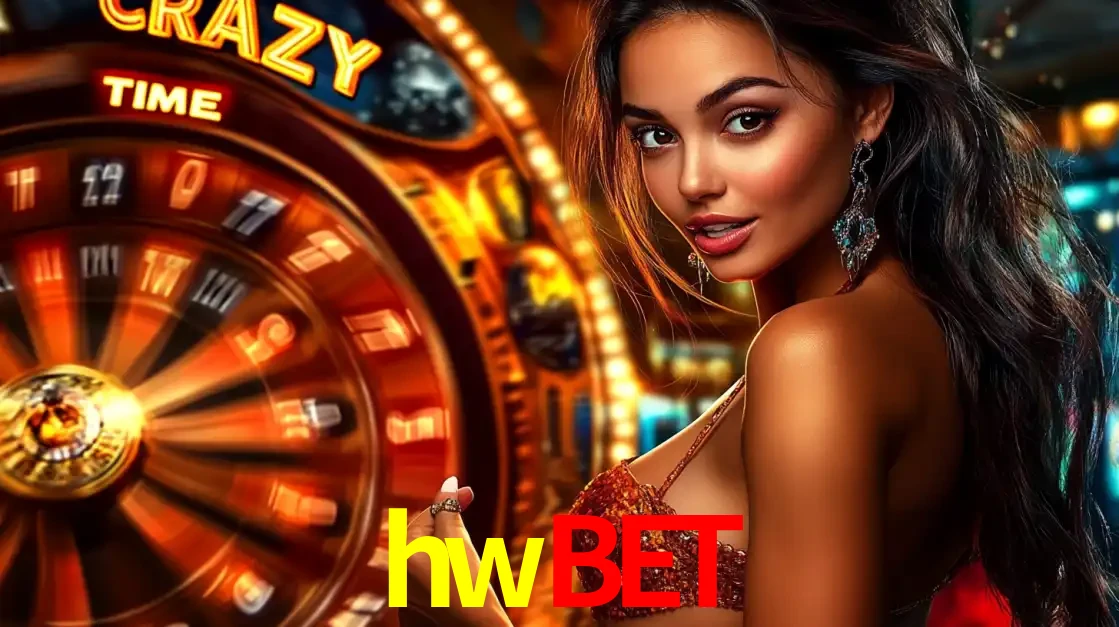 Mulher ao lado da roda de prêmios do jogo de cassino ao vivo Crazy Time, um dos shows de jogos mais emocionantes oferecidos pela plataforma de apostas hwbet.