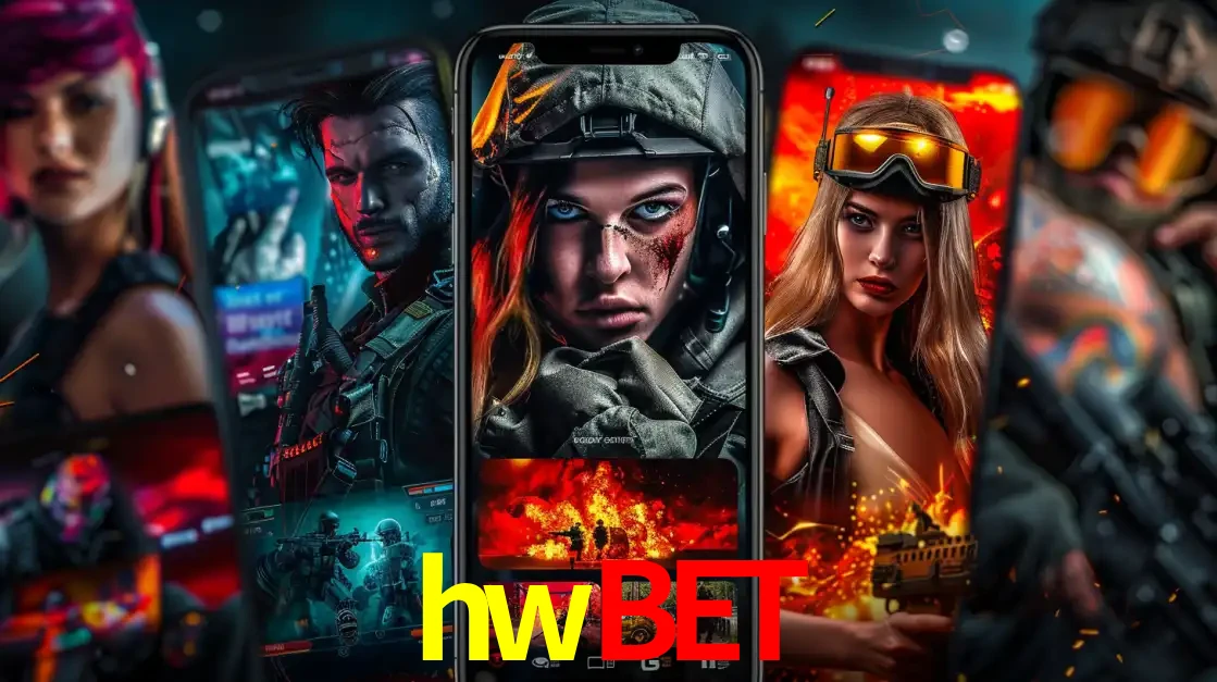 Montagem de telas de celular mostrando diversos personagens, masculinos e femininos, de um jogo de tiro, ilustrando a diversidade de equipes de e-sports para apostar no hwbet.