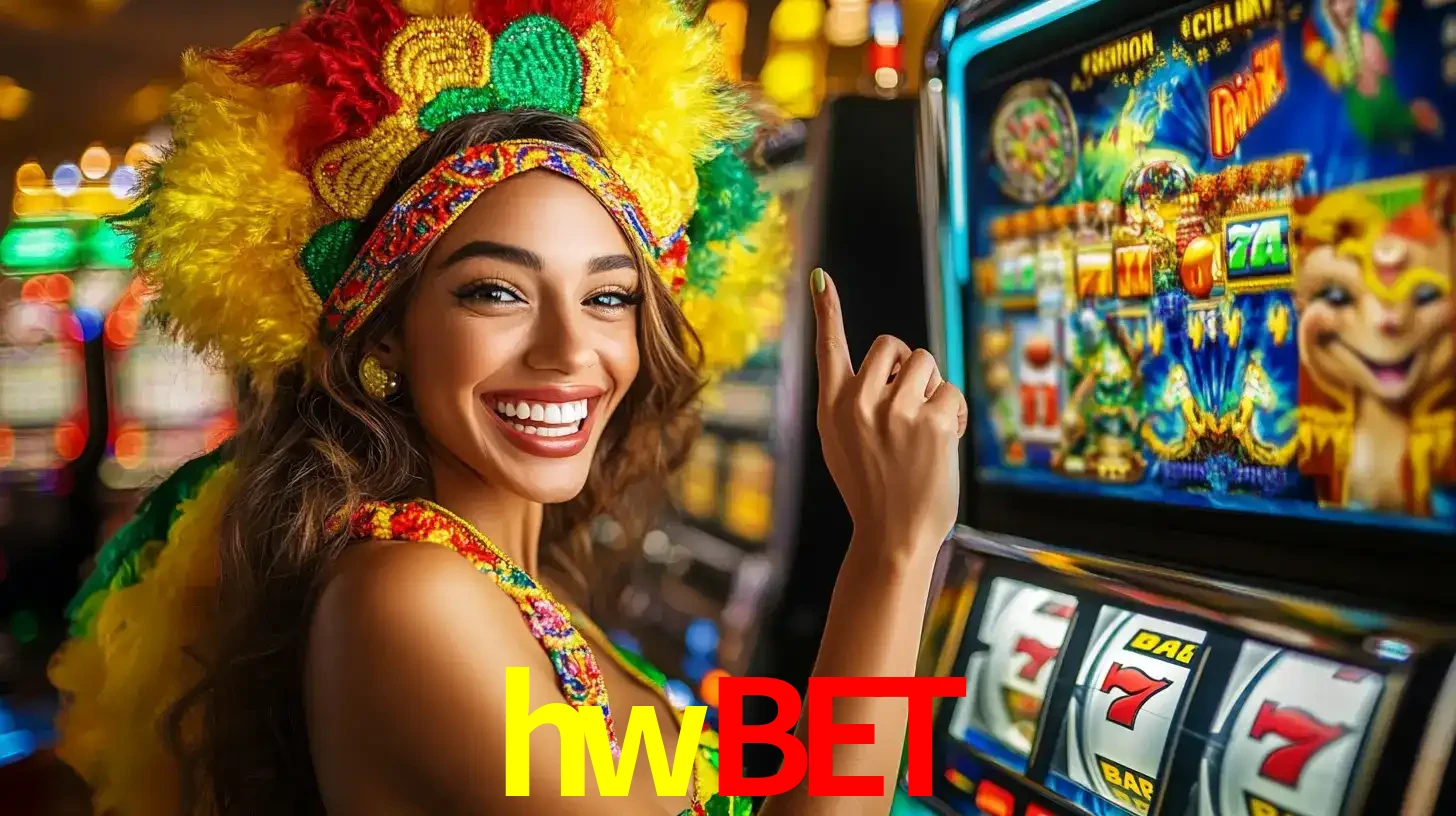 Mulher animada com um cocar de carnaval apontando para uma máquina de caça-níqueis, mostrando a emoção de ganhar um grande prêmio nos jogos do hwbet.