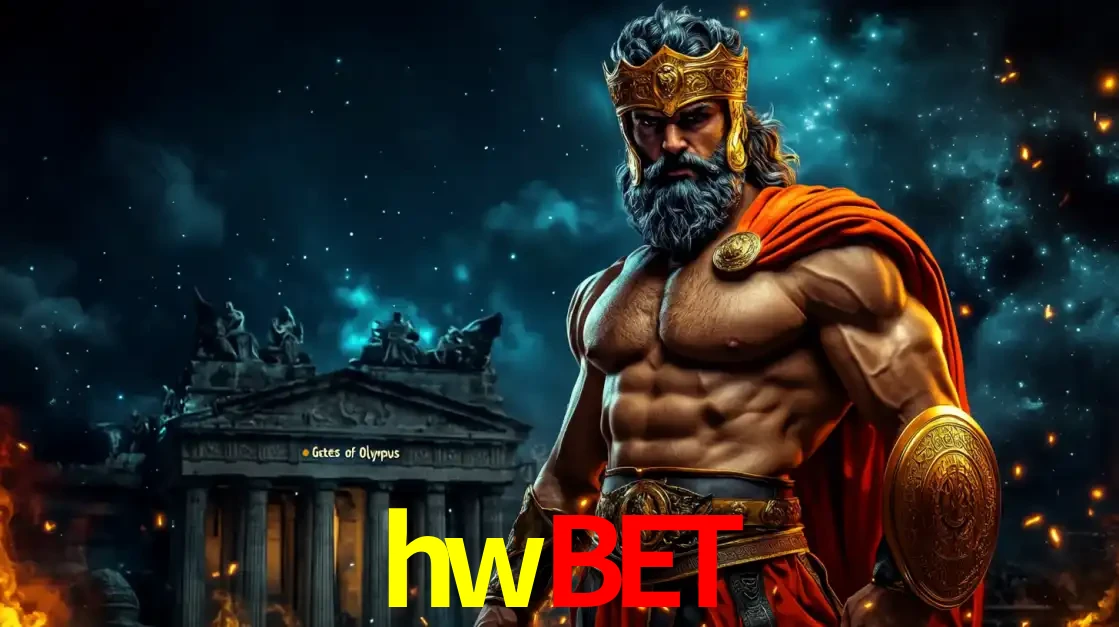 O poderoso Zeus do jogo de slot Gates of Olympus em frente ao seu templo, pronto para lançar multiplicadores divinos e prêmios épicos no cassino online hwbet.