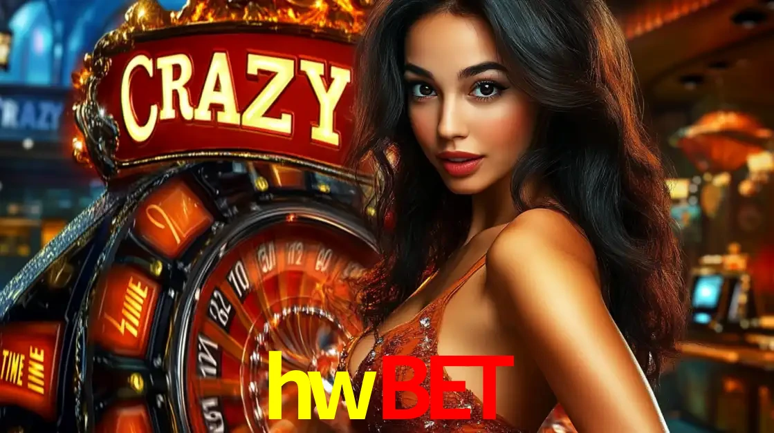 Mulher glamourosa olhando para a câmera com a roda vermelha do Crazy Time ao fundo em um ambiente de cassino, destacando a emoção dos jogos ao vivo no hwbet.