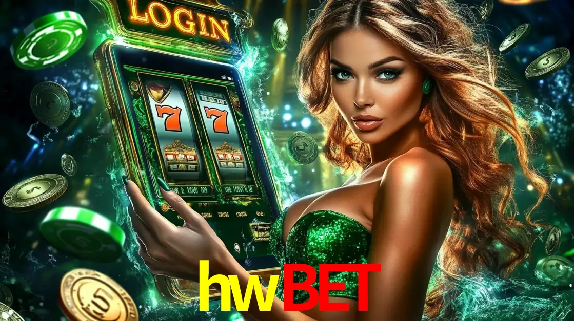 Mulher com tema verde apresentando o aplicativo do cassino hwbet com um jogo de slot de 777, cercada por fichas de cassino e uma aura de sorte.