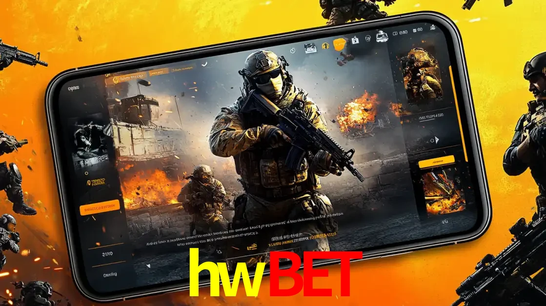Um smartphone exibindo a interface de um jogo de tiro em primeira pessoa, com um soldado em um cenário de batalha, representando a ação dos e-sports para apostar no hwbet.