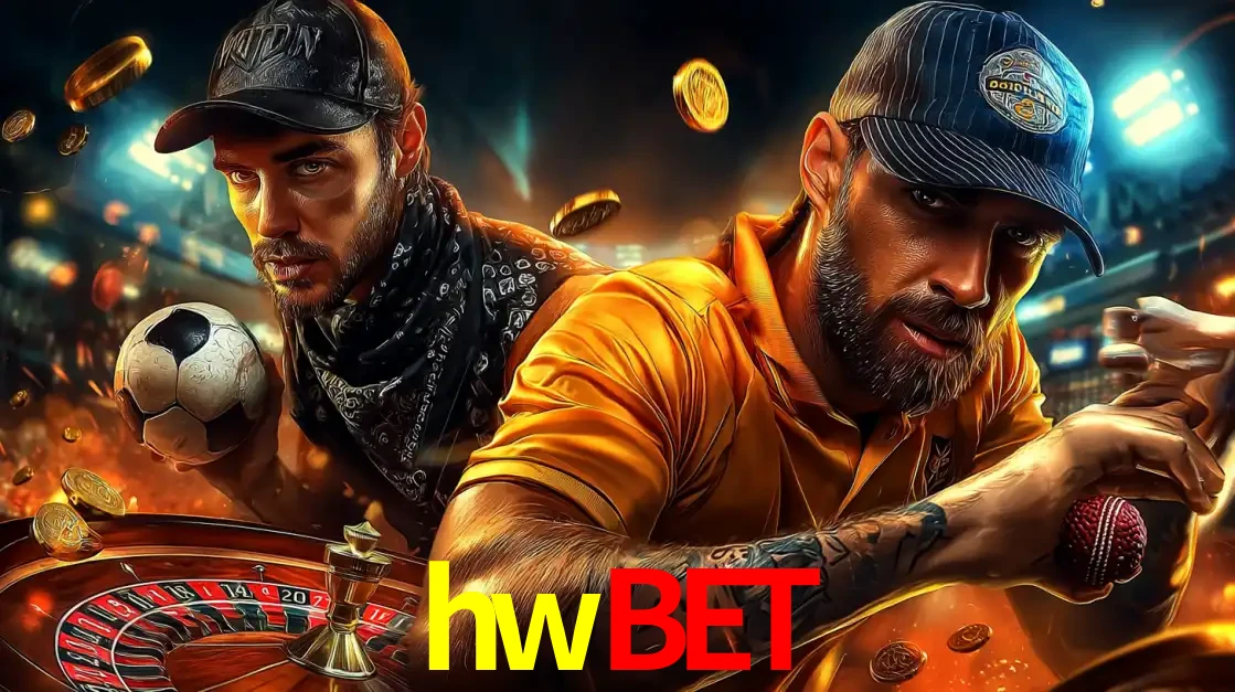 Montagem de apostas esportivas e cassino no hwbet, com um homem segurando uma bola de futebol e outro uma de beisebol sobre uma roleta e moedas voadoras.