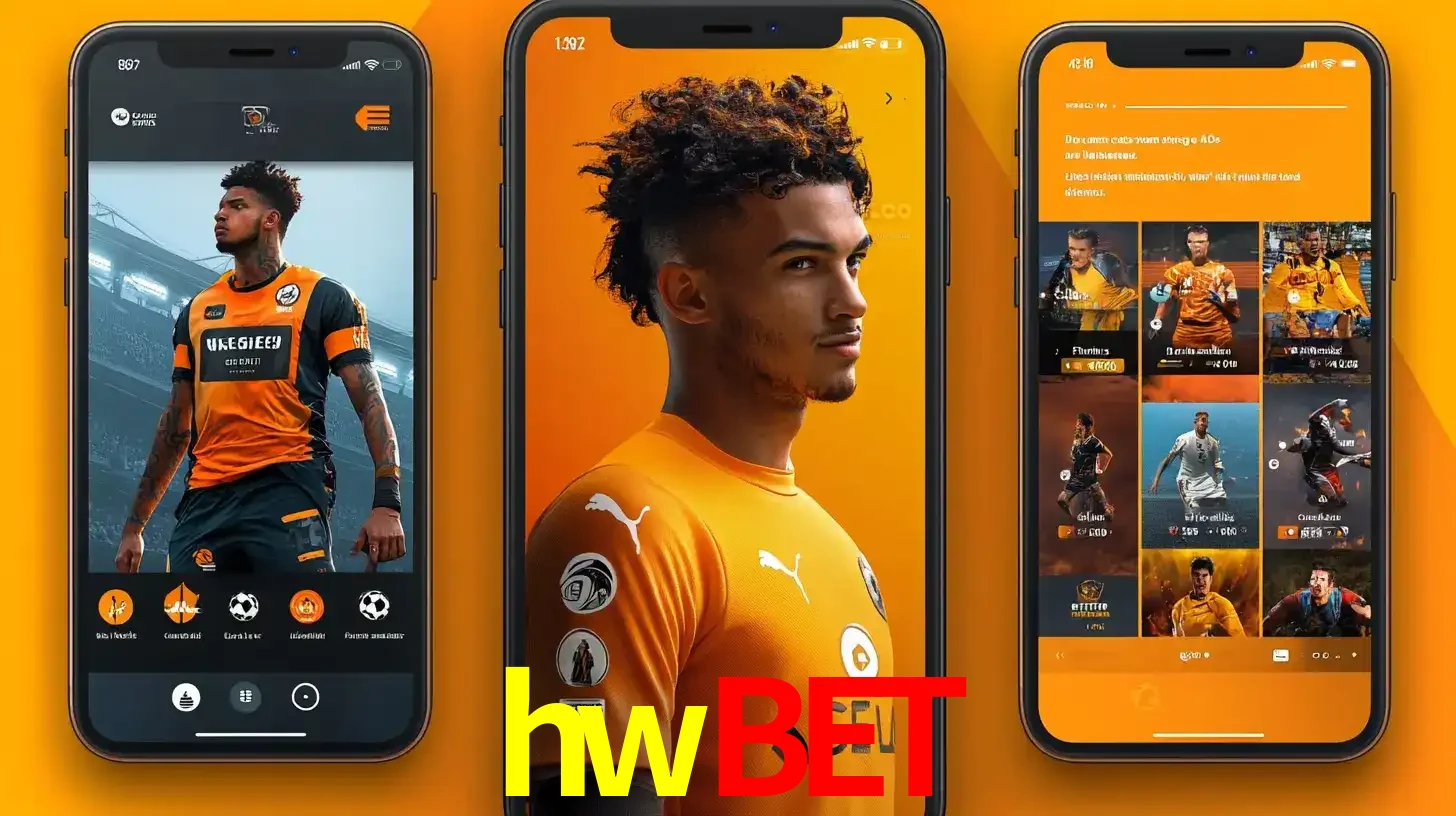Interface do aplicativo de apostas esportivas hwbet em três telas de celular, mostrando o perfil de um jogador de futebol e a lista de jogos disponíveis para apostar.