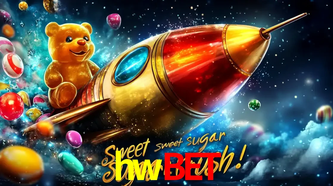Arte promocional do jogo de slot Sugar Rush, com um urso de pelúcia em um foguete viajando pelo espaço de doces, um dos jogos divertidos disponíveis no cassino hwbet.