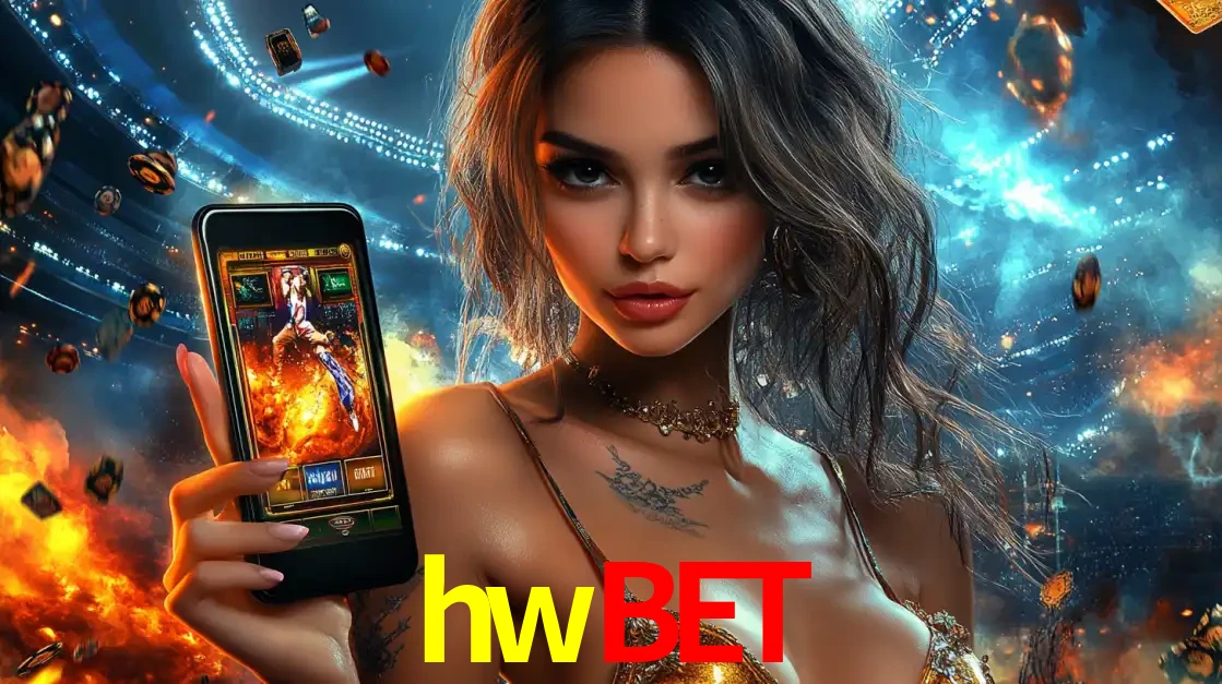 Mulher segurando um celular com um jogo de slot em destaque, tendo como fundo um estádio vibrante, simbolizando a emoção de jogar no cassino móvel hwbet.