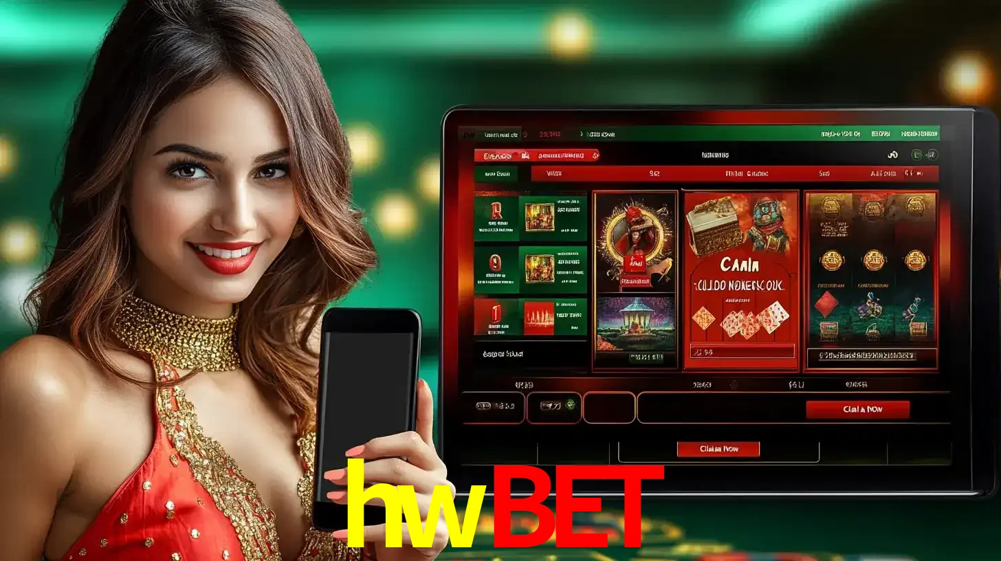 Mulher sorridente segurando um smartphone, ao lado de uma tela exibindo o lobby de jogos do cassino online hwbet, com várias opções de jogos de cartas e slots.